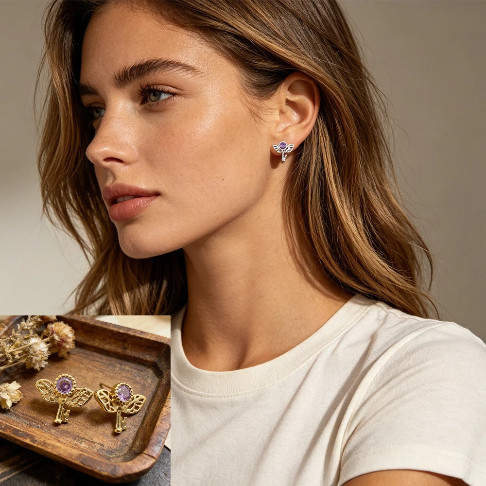 Retro Key Amethyst Stud Earrings Women Business Meeting Office Formal Work Professional Daily Wear Jewelry Wedding Mother Day