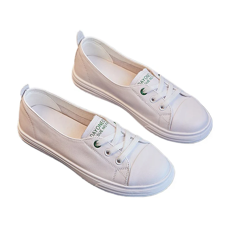 100% Genuine Leather Women White Shoes Flat Causal Soft Cow Leather Fashion Ladies Brand Slip-ons Shoes Comfortable D636