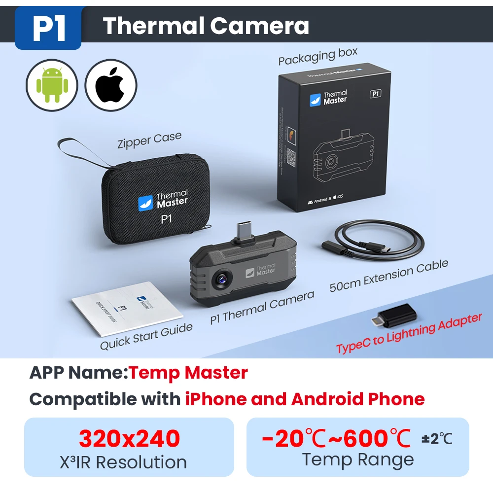 (iPhone & Android) P1 Android thermische camera voor iPhone 320 * 240 X3IR Resolutie 600 ℃   25Hz HVAC huisinspectiecamera - afbeelding 1