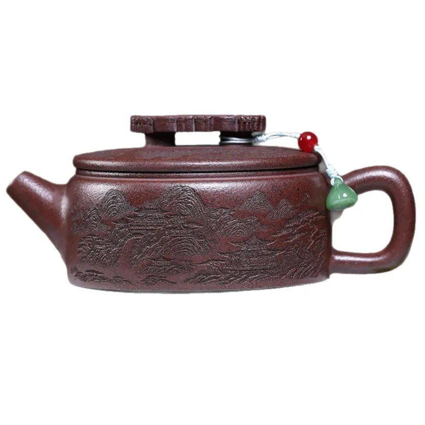 Handmade Yixing Purple Clay Pot Famous Ore Sweat Mud Full Carved Kunde Hanwa Large Capacity 300cc