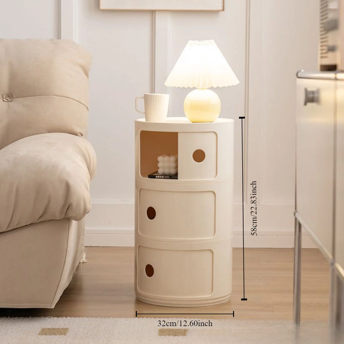 Modern Circular Bedside Table with Storage Cubbies - Painted Finish, Durable Plastic Nightstand with Mini Cabinet for Bedroom