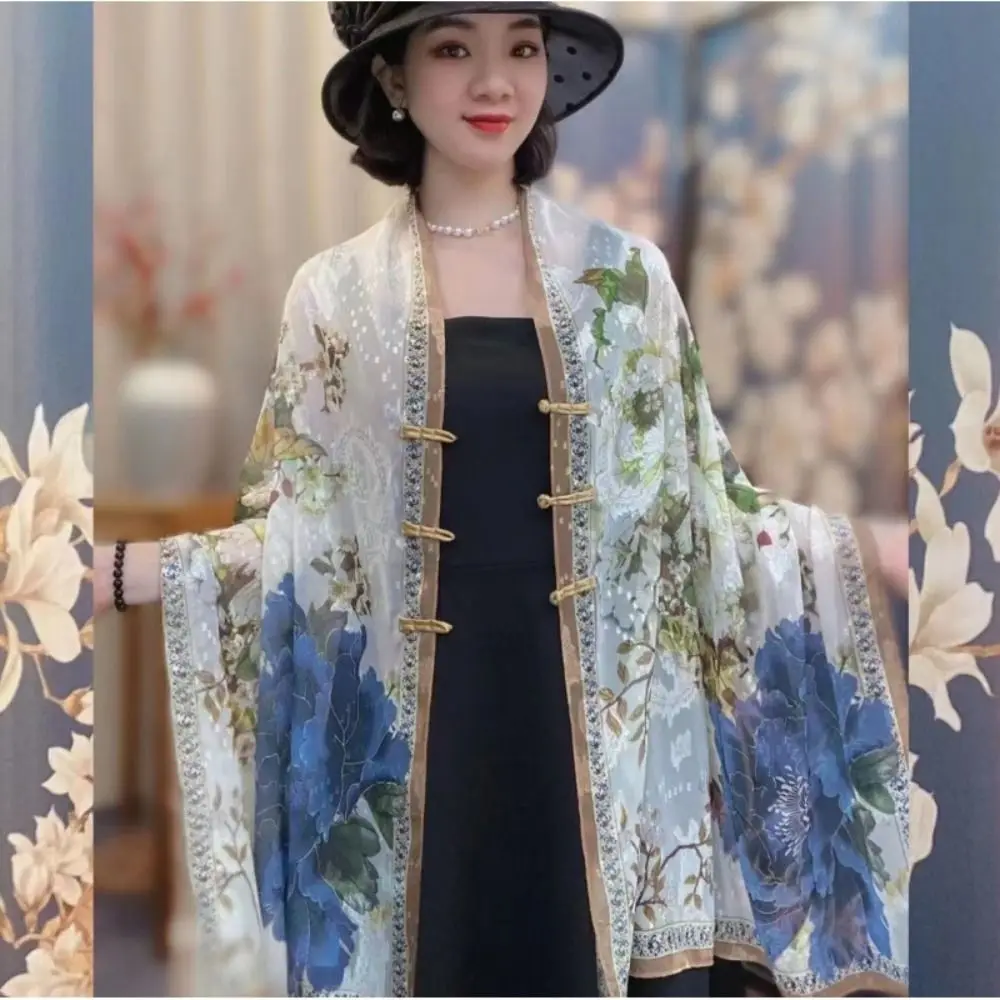 

Trendy Retro Style Buckle Printed Shawl Flower High-End Feeling Lady Silk Scarf Chinese-style Sunscreen Tudung Scarf Women