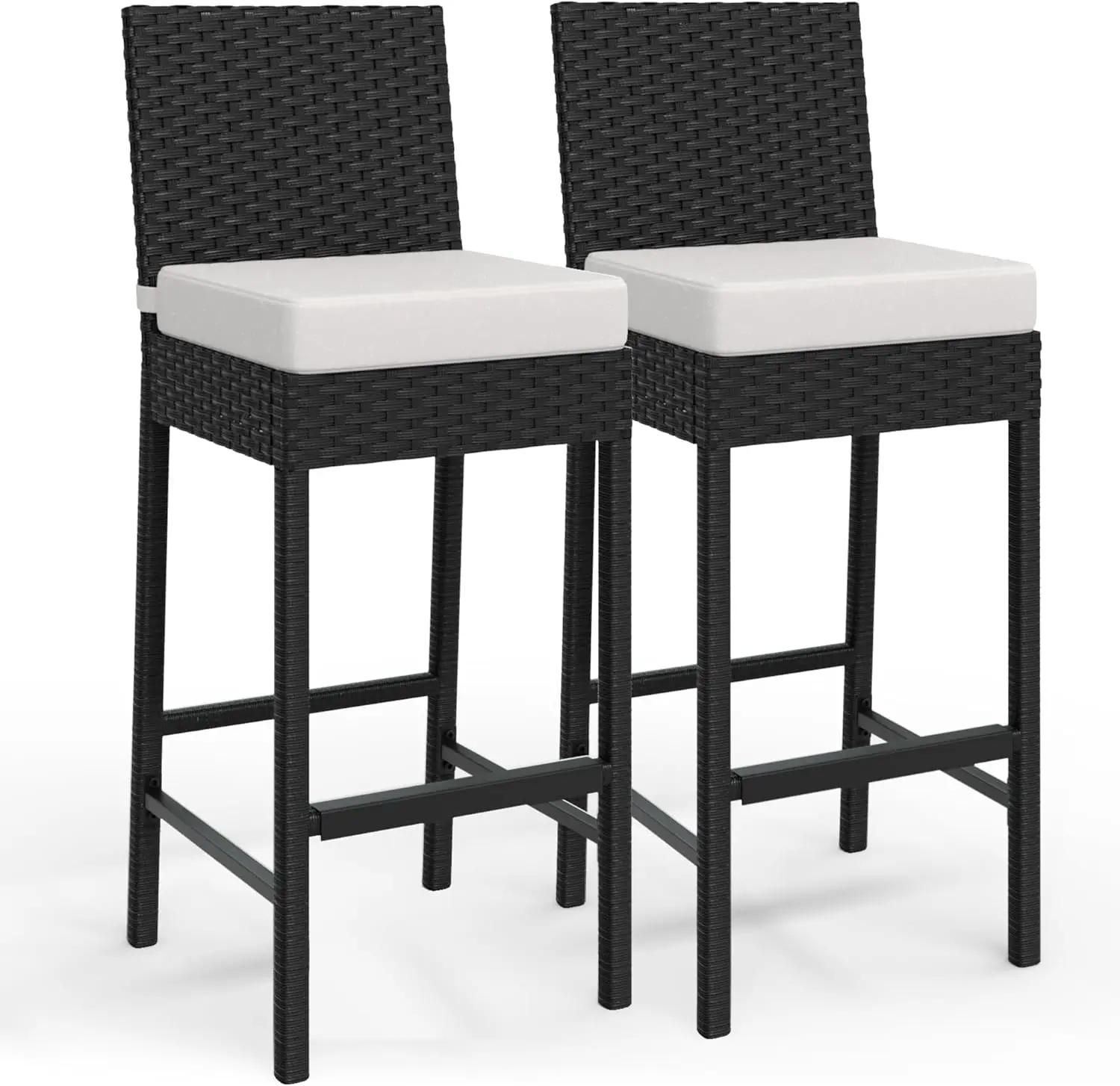 

Patio Wicker Barstools With Cushions, Outdoor Wicker Bar Stools Set of 2, Outdoor Rattan Bar Height Stool Set Armless