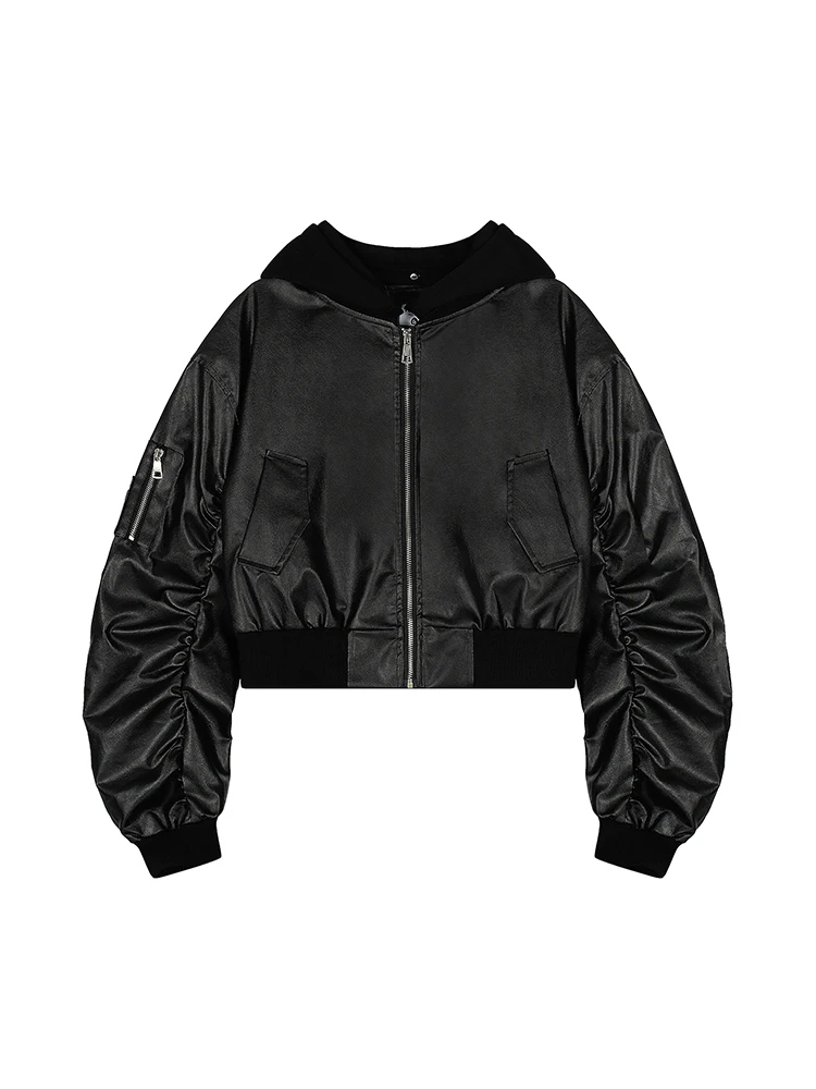 Feel Lonely American Design staccabile in pelle con cappuccio Jaet da donna allentato da motociclista Jaet ort Capispalla Autunno Faion