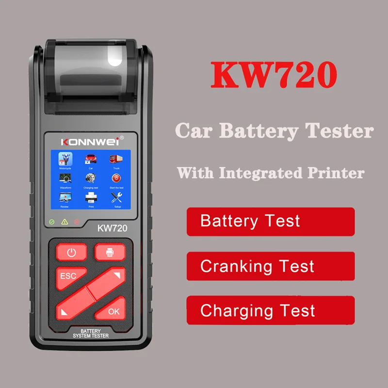 

KONNWEI KW720 6V 12V 24V Battery Tester Analyzer Charging Cranking Test Tool for Car Motorcycle Truck with Integrated Printer