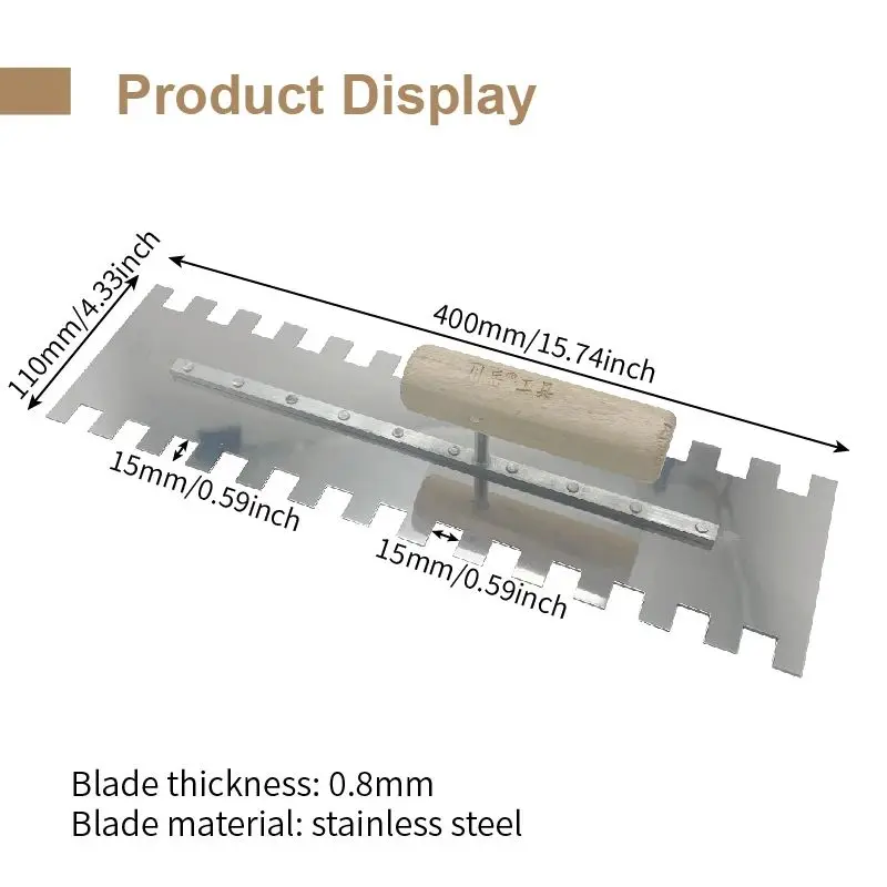 

40cm Stainless Steel Standard Square Notch Tiling Trowel Both Sides 15x15mm Toothed Construction Trowel Blade Skimming Spatula