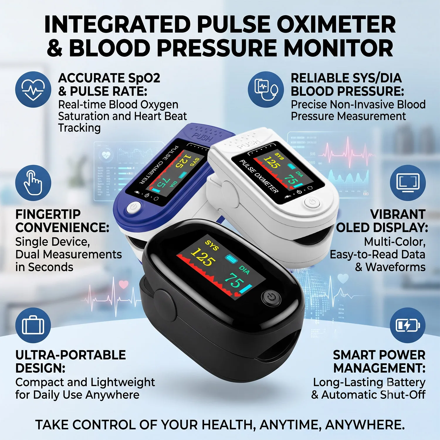 2-in-1 Medical Finger Monitor, Pulse Oximeter Oxygen Saturation BP Monitors Sphygmomanometer Blood Pressure Meter