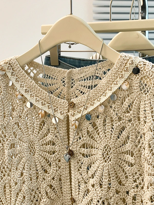 Women's Knitted Open Cardigan Jacket Large Size Loose Top Outerwear Embellished with Beads Hollow out Design Early Autumn New...