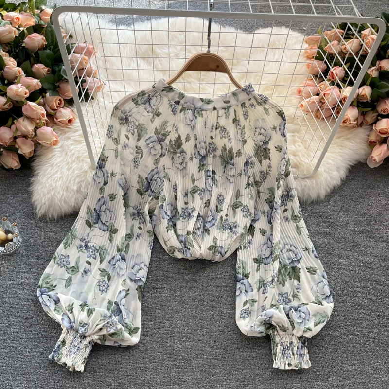 Women Chiffon Floral Blouse Sweet Bow Collar Puff Sleeve Casual Loose Tops Summer Korean Bohemian Vacation Blouses