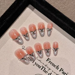 10Pcs Almond Handmade Press on Nails Cat Eye Fake Nails with Rhinestone Decoration Wearable Stick-on Nails False Nail Uñas 네일팁