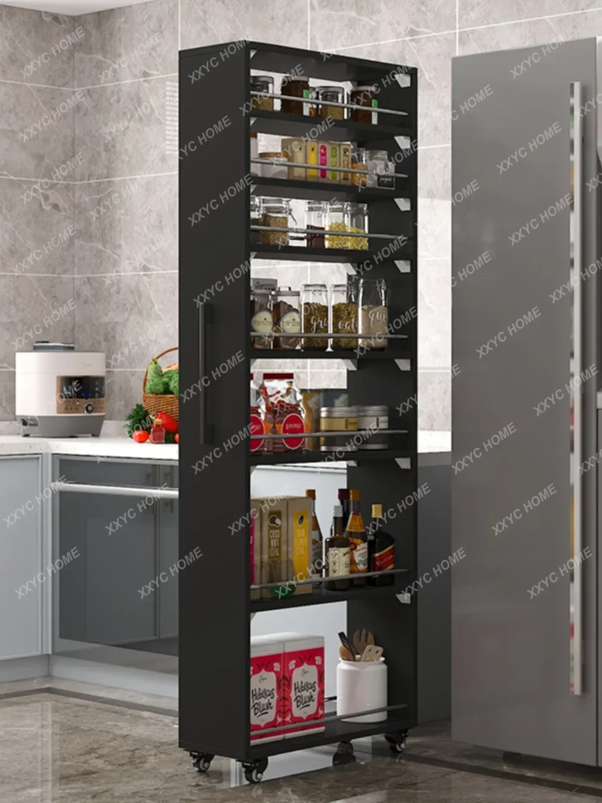 Crack storage rack, kitchen, refrigerator, gap shelf, narrow side cabinet, side pull large capacity and movable