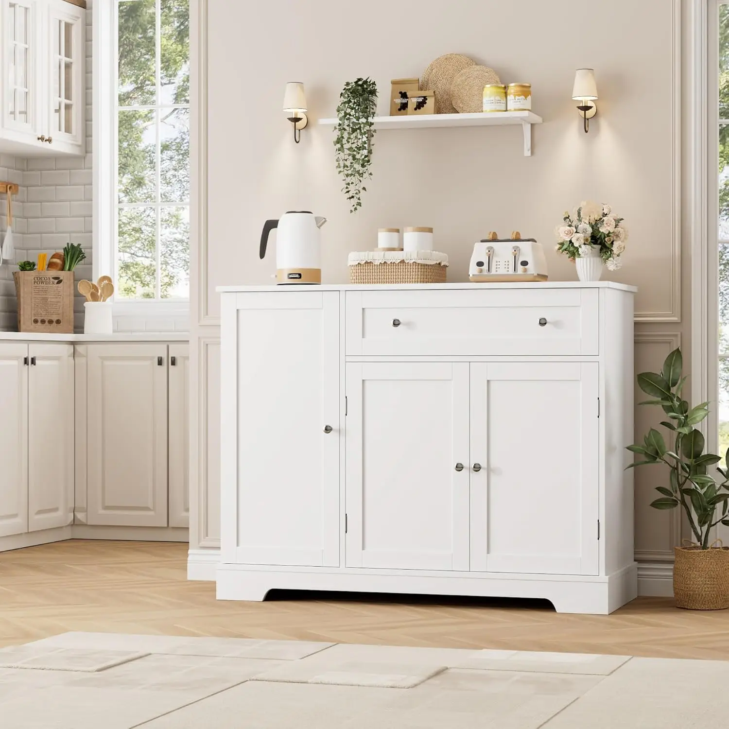 문이 있는 현대적인 흰색 뷔페 캐비닛, 주방, 식당, 거실용 서랍 및 조절 가능한 선반이 있는 수납 사이드보드