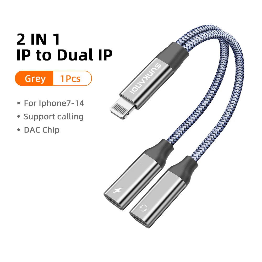SUNKANDI 2-in-1 Dongle Adapter, Lightning naar 3.5mm Hoofdtelefoon en Lightning naar Dubbele Lightning Audio- en Oplaadpoorten Splitter