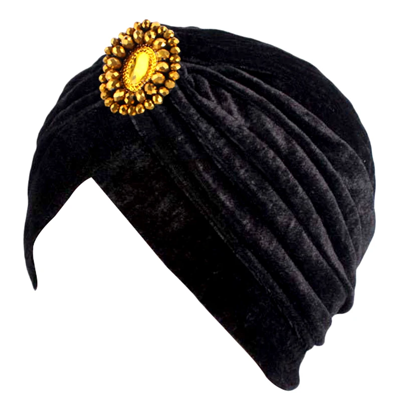 New Women Velvet Beads Flower Turban Bonnet Hijab Muslim Chemo Cap Hair Loss Headwear Headwrap Beanie Skullies Hats Turbante