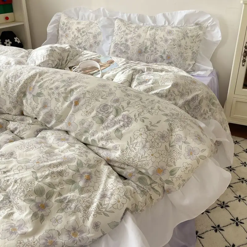 

Korean princess-style lace bed four-piece set of washed cotton quilt cover sheet
