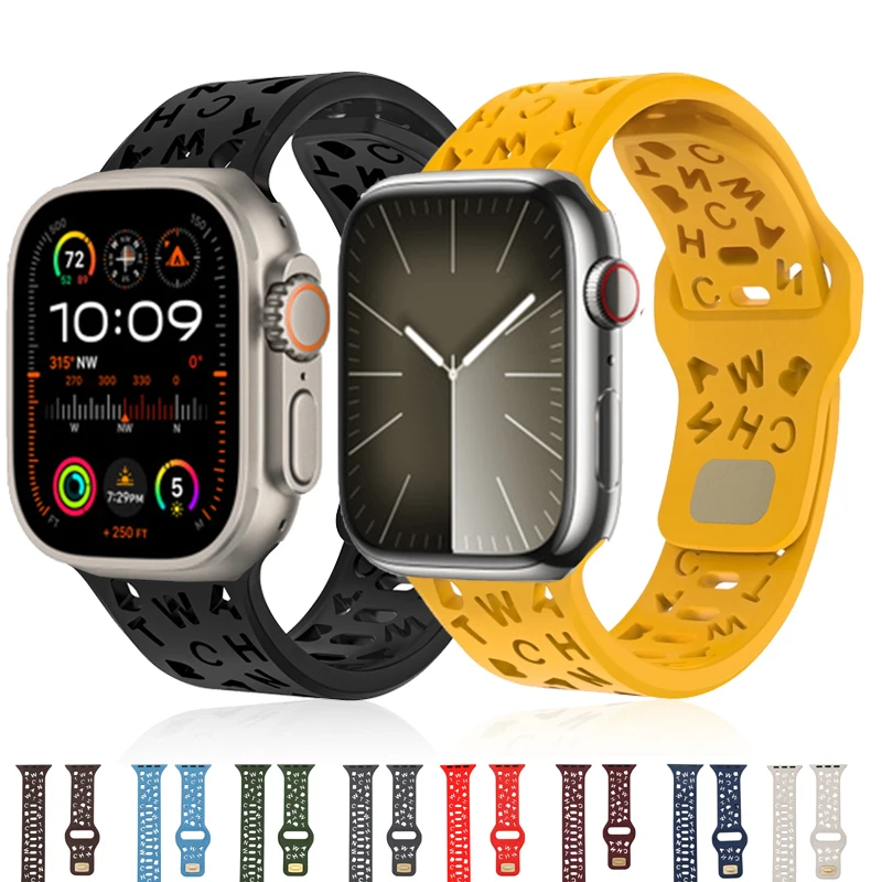 Alphabet Strap For Apple Watch ultra 2 Band 49mm Soft Silicone correa bracelet iwatch series 10 9 8 7 SE 46/45/44/42/41/40/38mm