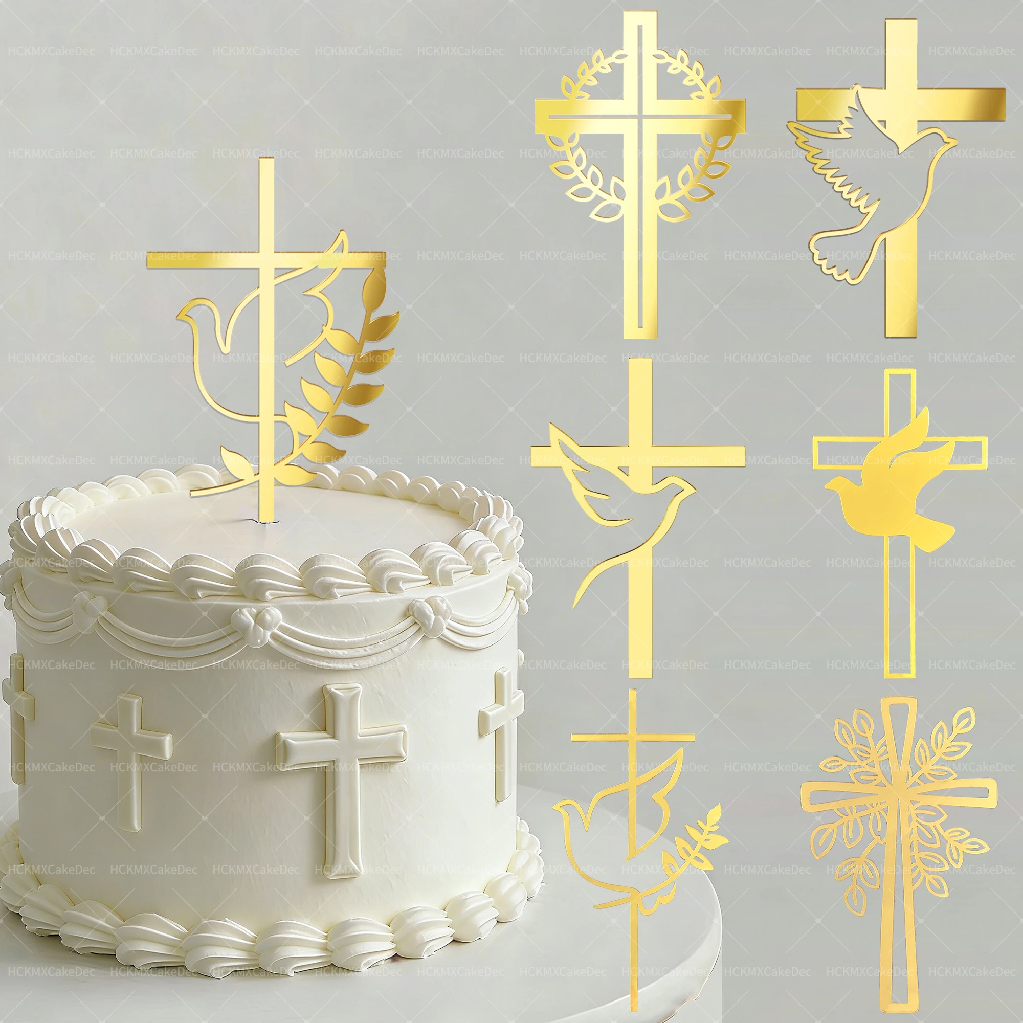 3/6 Piezas Adornos de Pastel de Acrílico Dorado con Diseño de Hojas, Decoración para Bautizo, Primera Comunión y Fiestas