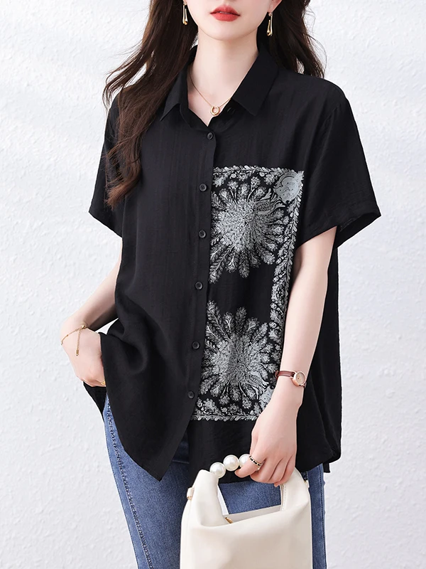 

Новый летний китайский свободный модный женский топ с принтом большого размера ort Sve Chiffon irt Meat Concealing Top Trendy