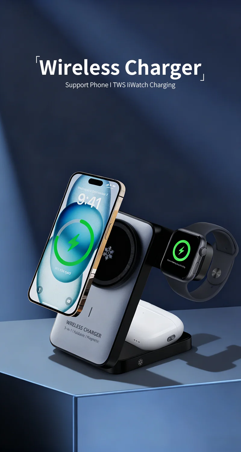3-in-1 faltbares kabelloses Ladegerät mit Kühlventilator Qi2 15W für MagSafe magnetisches Schnellladegerät für iPhone 12-18, iWatch S3-S10 – Detail 1