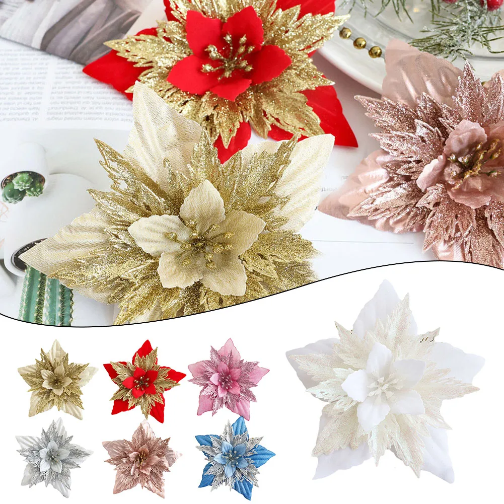 1pc 18cm Glitter Pink Christmas Flowers Xmas Tree Artifical Flower Ornaments 2024 Christmas Decoration For Home New Year