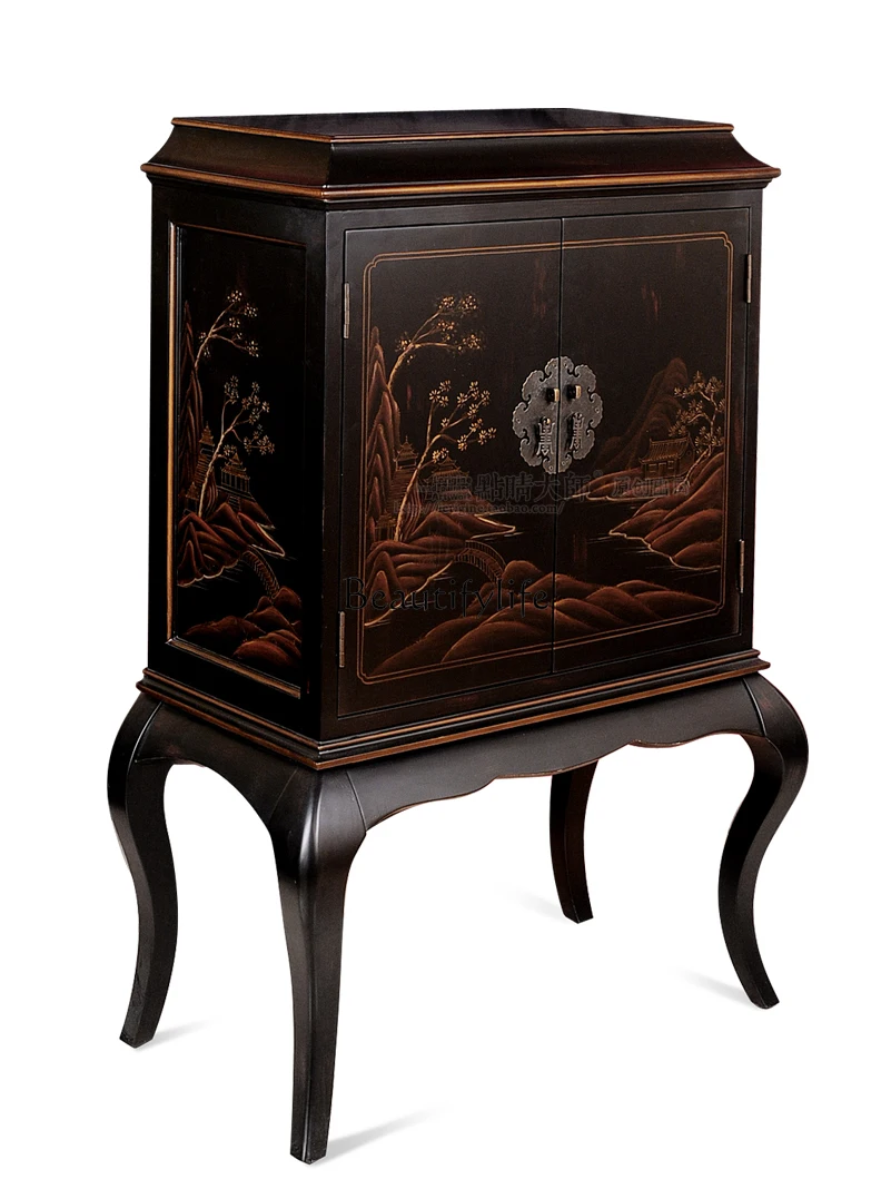 

Hand painted retro black side cabinet blue red wine storage corner cabinet