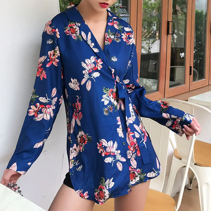 Casaco feminino de camisa comprida estampada em chiffon, casaco casual solto, cintura dividida com renda, moda versátil, primavera e outono, 2023