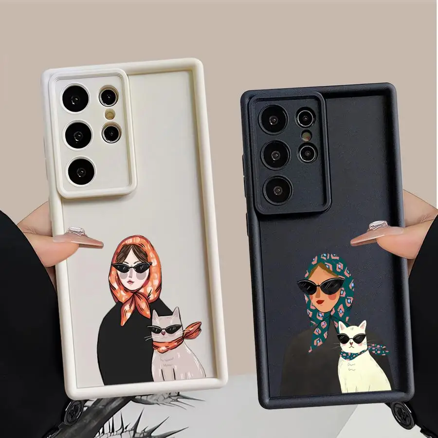 Phone Cover Case for Samsung Galaxy S26 Ultra S24Ultra S25 S23 FE S24 Plus S25 Edge S22 S21 S20FE Cute Cat Headscarf Women