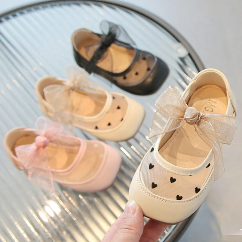 

2024 Summer New Children Flat Shoes Girls Mary Janes Mesh Bowknot Casual Shoes Kids Square Toe Non-slip Leisure Comfy Baby Shoes