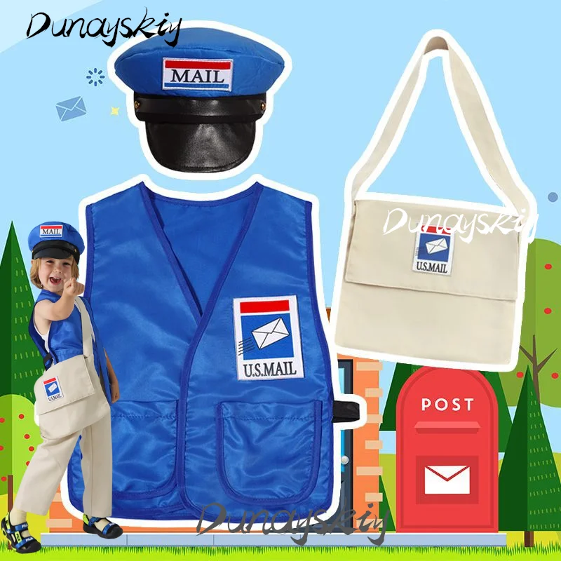 Conjunto de disfraz de cartero, sombrero azul, chaleco, bolso bandolera, vestido profesional de Halloween, traje de fiesta personalizado para niños, niños y niñas