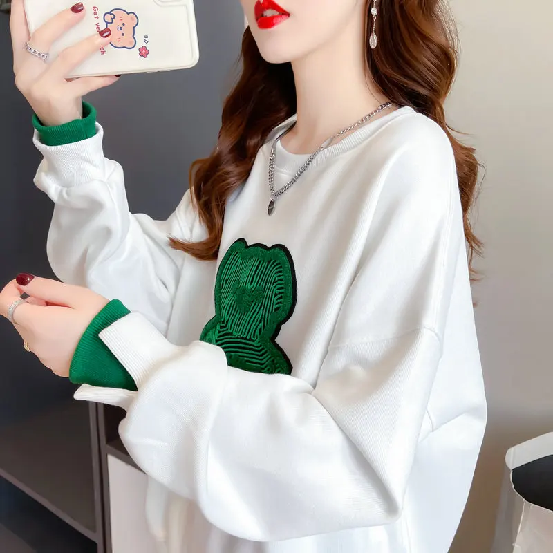 Women\'s Cotton Hoodies O-neck Loose Thin Sweatshirt Korean Girls Cute Bear Embroidery Oversized White Black Bottom Pullovers