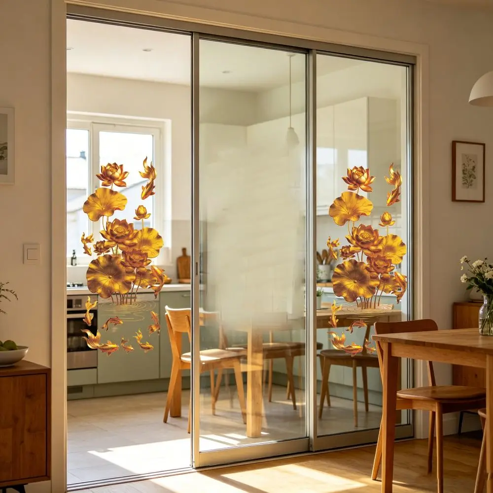 Anti-static Flower Koi Sticker 3D Effect Chinese Style Glass Door Sticker Plastic Decorative Sticker