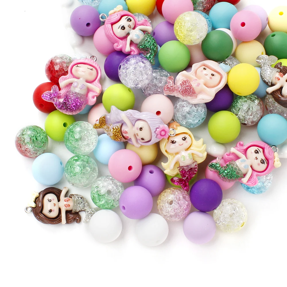 15mm 44/68Pcs Silicone Round Beads Cartoon Mermaid Beads Baby Teether Chew Pacifier Clip Chain Accessoies Silico Beads BPA Free