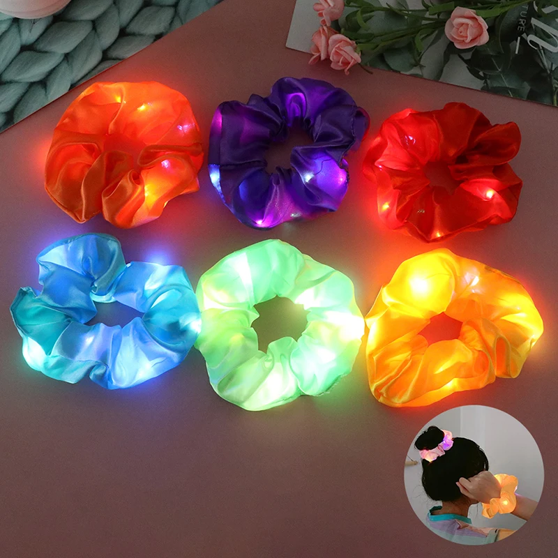 LED Light Women Hair Ties Sets Candy Color Bright Organza Scrunchy Pack Bulk Schrunchy Lot Glitter Bling Hair Elastic