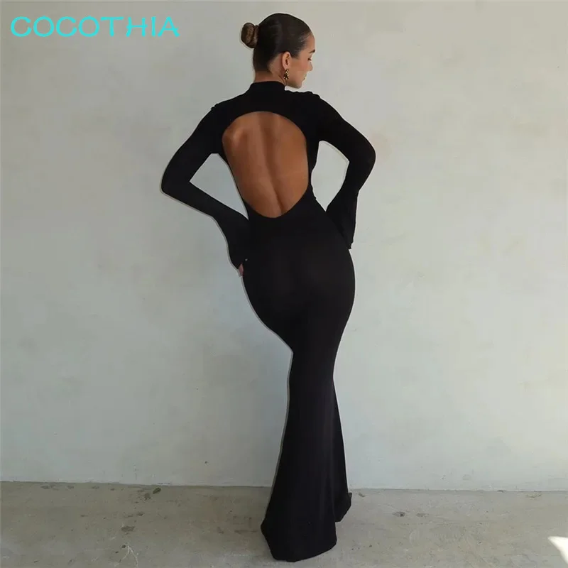 COCOTHIA-Women's O-Neck Long Sleeve Maxi Dress, Backless Bodycon, Slim Fit, High Waist, Elegant, Casual, Y2K Fashion, Autumn