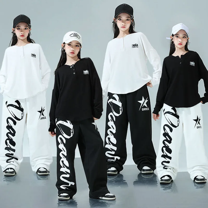 子供 Kpop ヒップホップ服黒、白ルーズ V ネック Tシャツカジュアルスウェットジョガーパンツ女の子ジャズダンスの摩耗衣装服