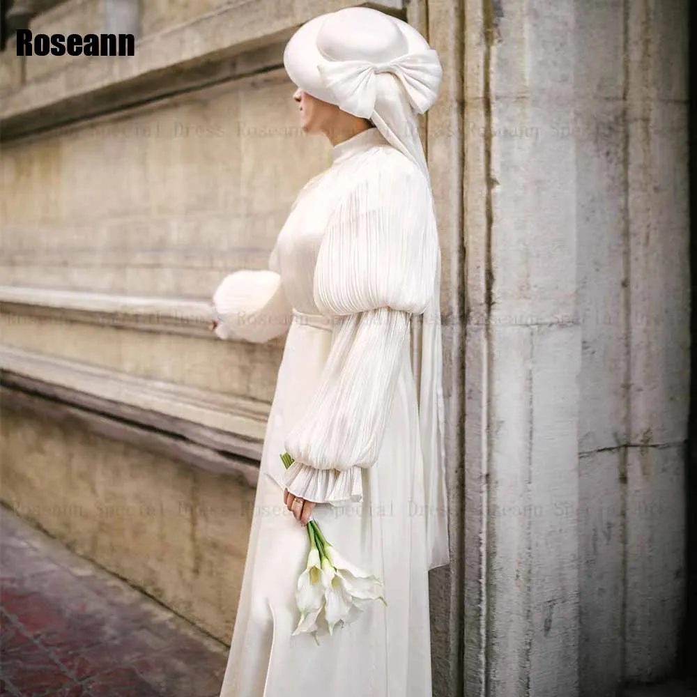 Vestidos de novia musulmanes de línea a con cuello alto, vestido de novia con volantes, manga abullonada, drapeado, plisado, largo hasta el suelo