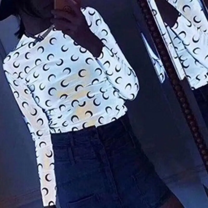 

Светоотражающая футболка женская американская повседневная с лунным принтом круглый вырез ледяной шелк флуоресцентные эластичные облегающие топы с длинными рукавами