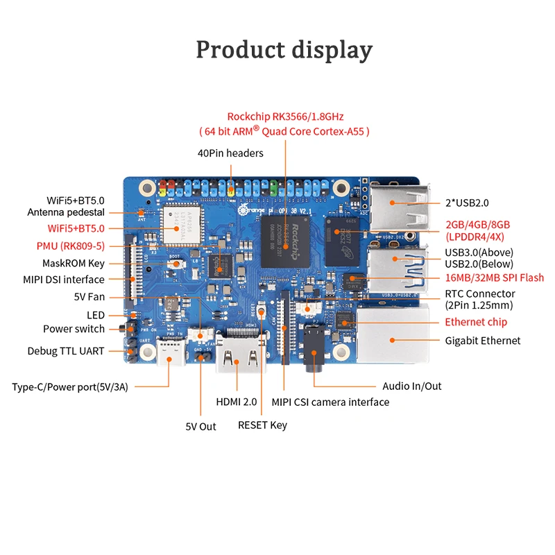 Orange Pi 3B 8/4/2GB RAM Rockchip RK3566 WiFi5+BT 5.0 Gigabit LAN Port Single Board Run Android Linux OpenHarmony OS Mini PC