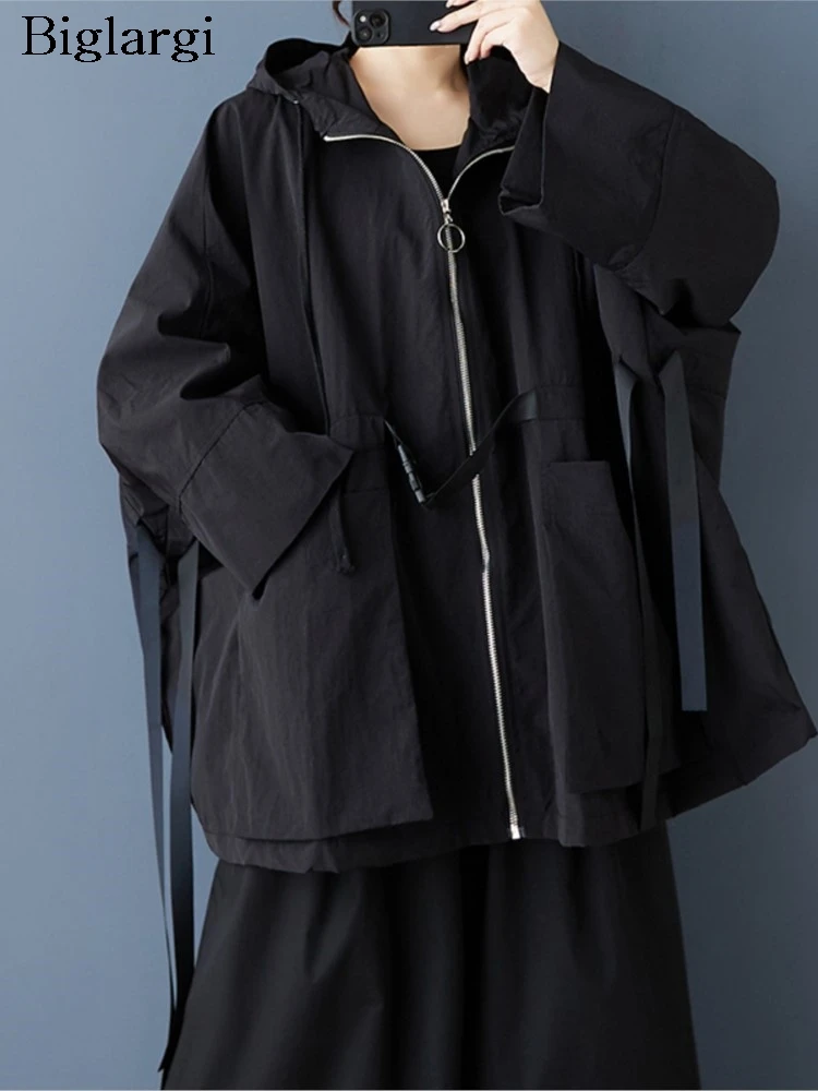 

Oversized Spring Midi Hooded Coat Women Loose Casual Fashion Ladies Long Sleeve Woman Trench Coats