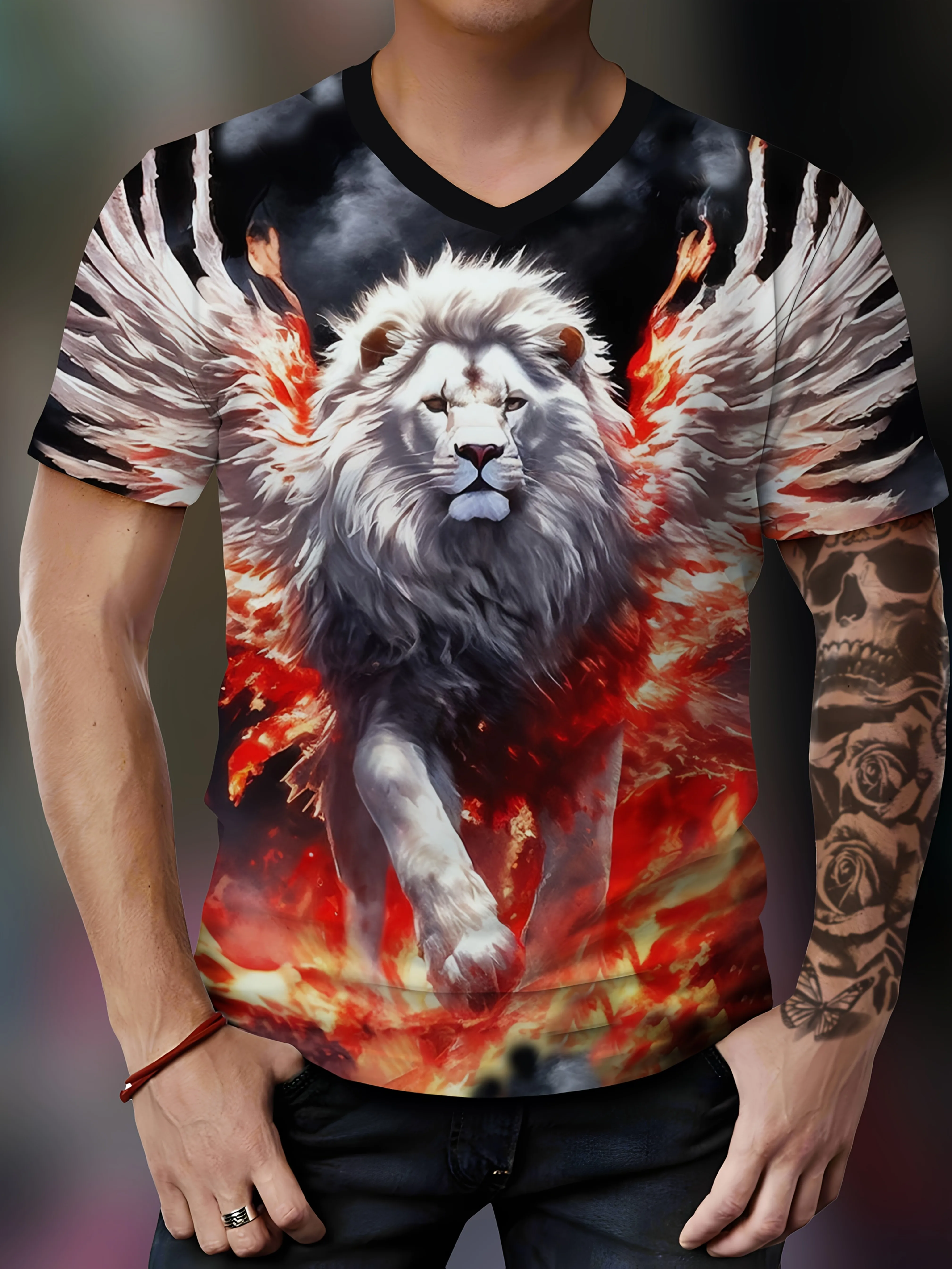 

Men's Casual T-Shirt | Vibrant Lion Graphic with Flames & Wings Design | Polyester-Spandex Blend | Machine Washable | Idea