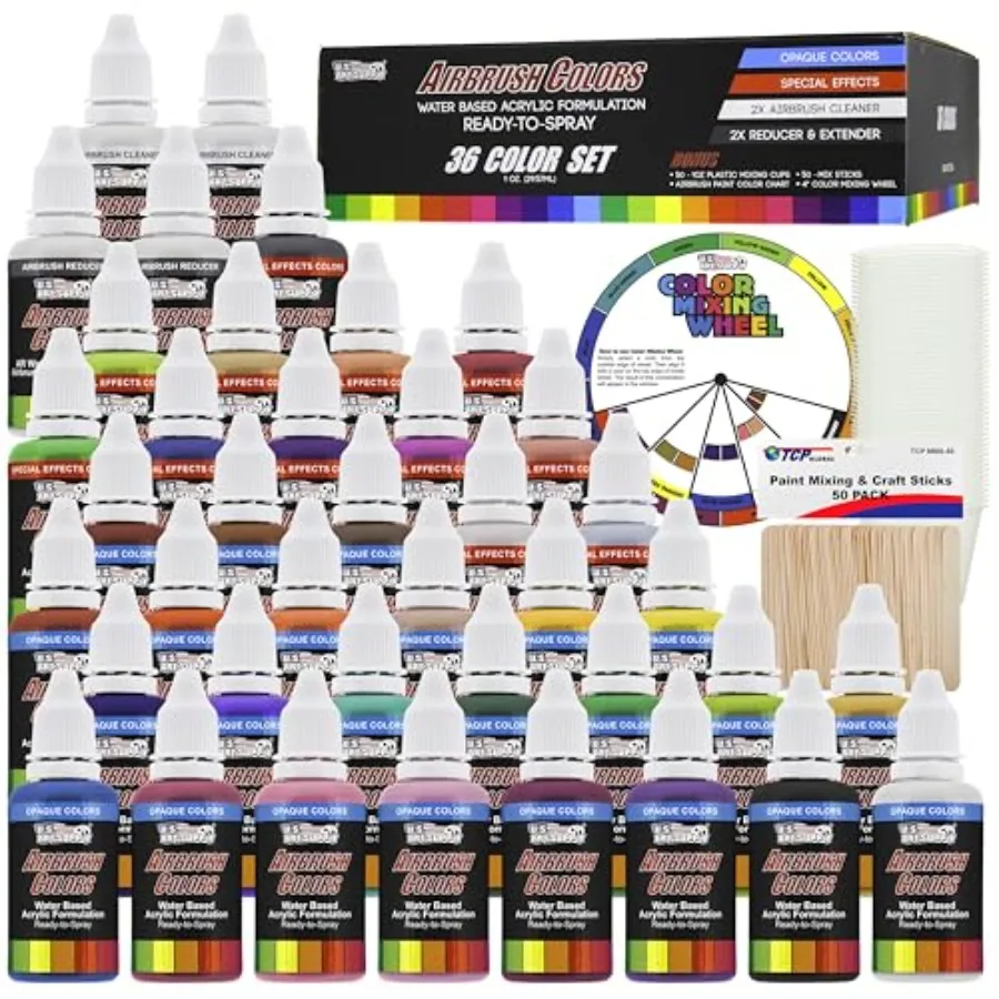 

36 Color Deluxe Acrylic Airbrush Leather and Shoe Paint Set with Cleaner Thinner 50-Plastic Mixing Cups 50-Wooden Mix Sticks an