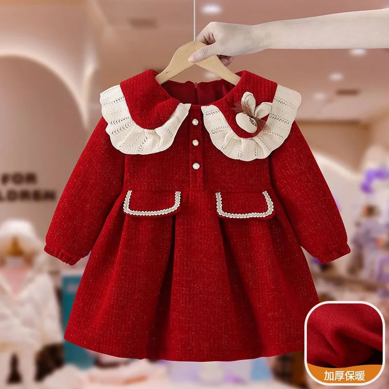 Girls Fleece-lined Baby Princess One Year Old Celebration Dress2024New Children's Winter Red New Year Dress