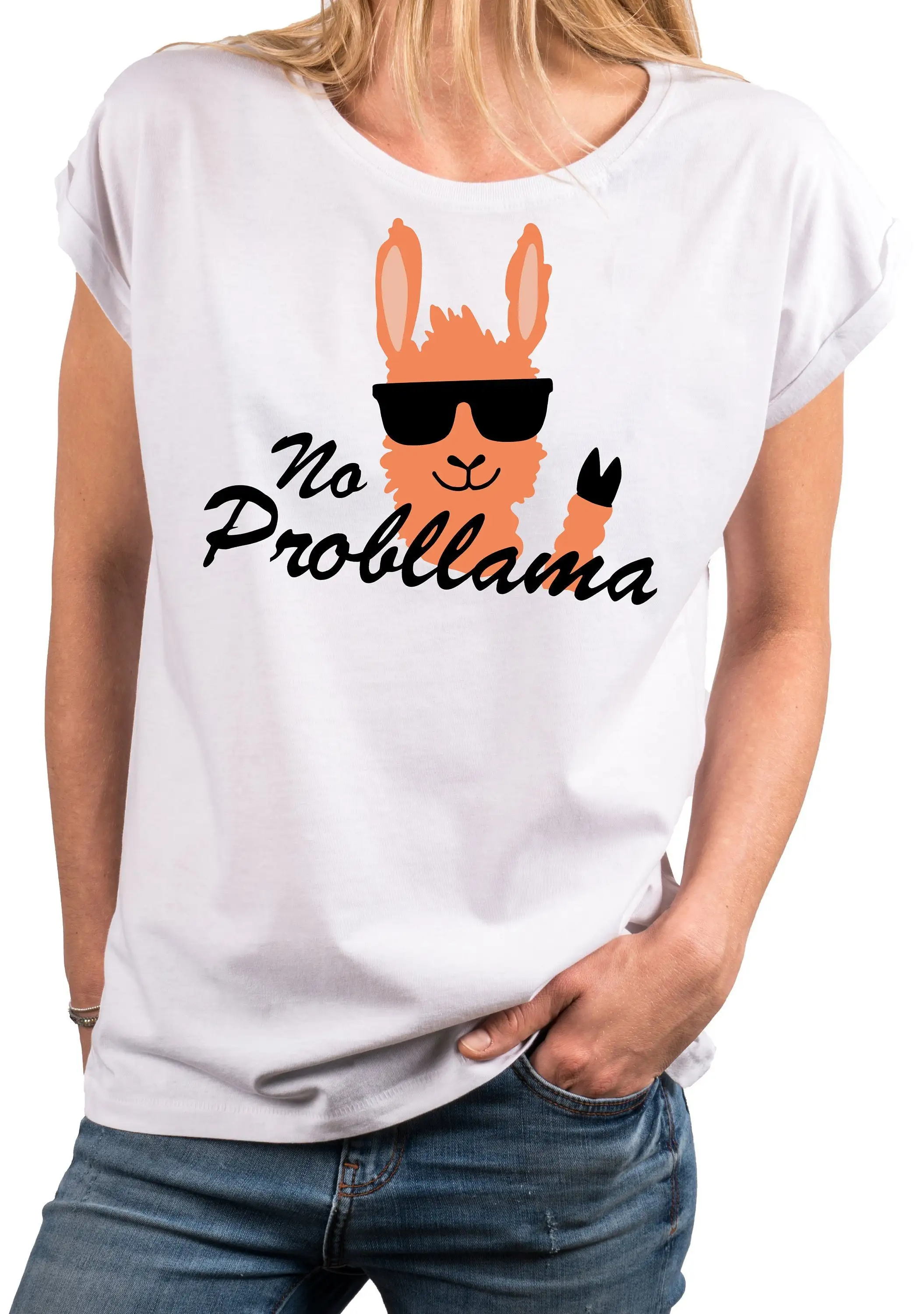 Funny Ladies T Shirt With Print Llama No Probllama Loose Cut Large Sizes Round Neck Collar White Xs To 5Xl