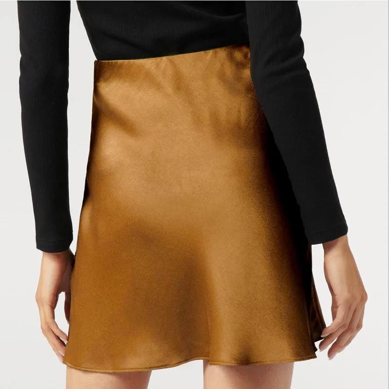 Acetate ซาตินกระโปรงมินิกระโปรงเอวสูงยืดกระโปรงสายหรูหราสีทึบทํางานสําหรับผู้หญิง Breathable Office to Brunch กระโปรง