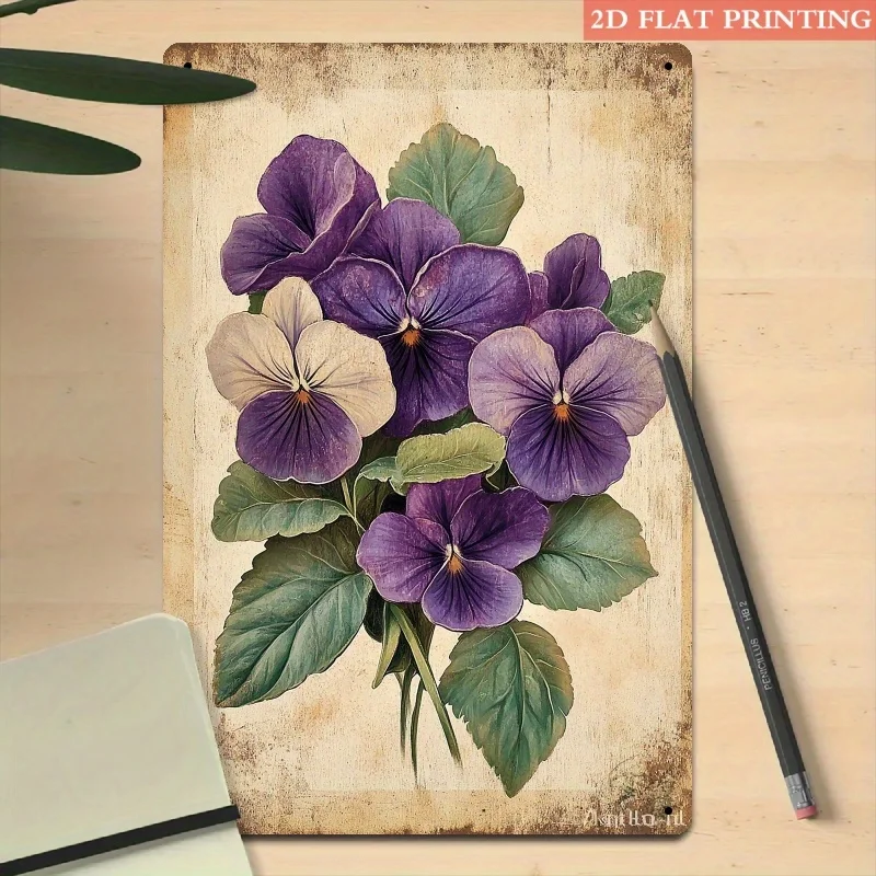 A Vintage-Style Metal Sign Featuring a 2D Flat Design of Purple Pansies. This Iron Art Piece Offers a 3D Visual Effect