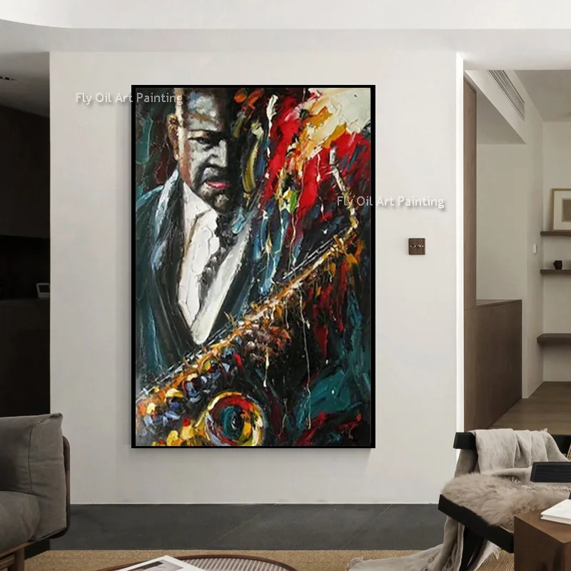 Modern Popular Canvas Artwork Hand Drawn Blue Red Men Playing The Saxophone Oil Painting Original Design Artwork Decor As Gift