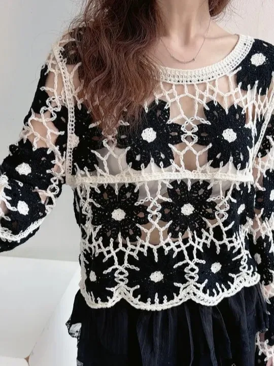 

Корейский дизайн, длинный свековый вязаный свитер, женский ретро-крючок с цветочным принтом, полый или Sle, сексуальный топ для похудения, модная мода