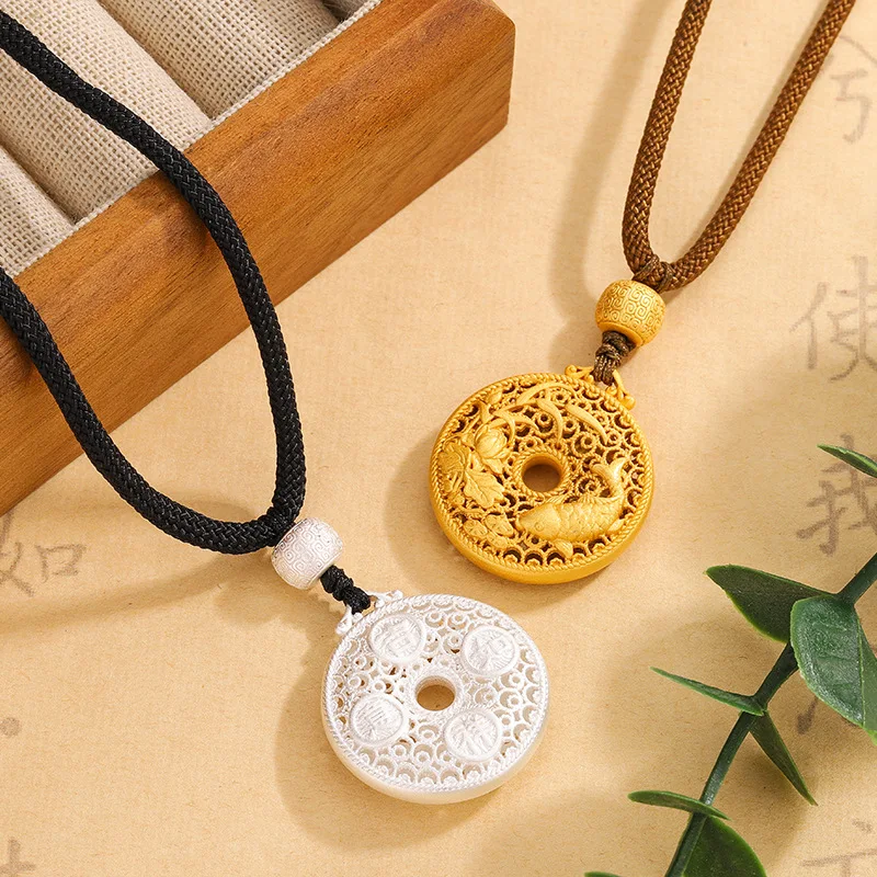 Traditional Hollow-Carved 999 Silver Pendant With Fish Motif And Peace, Hand-Braided Rope Necklace In New St