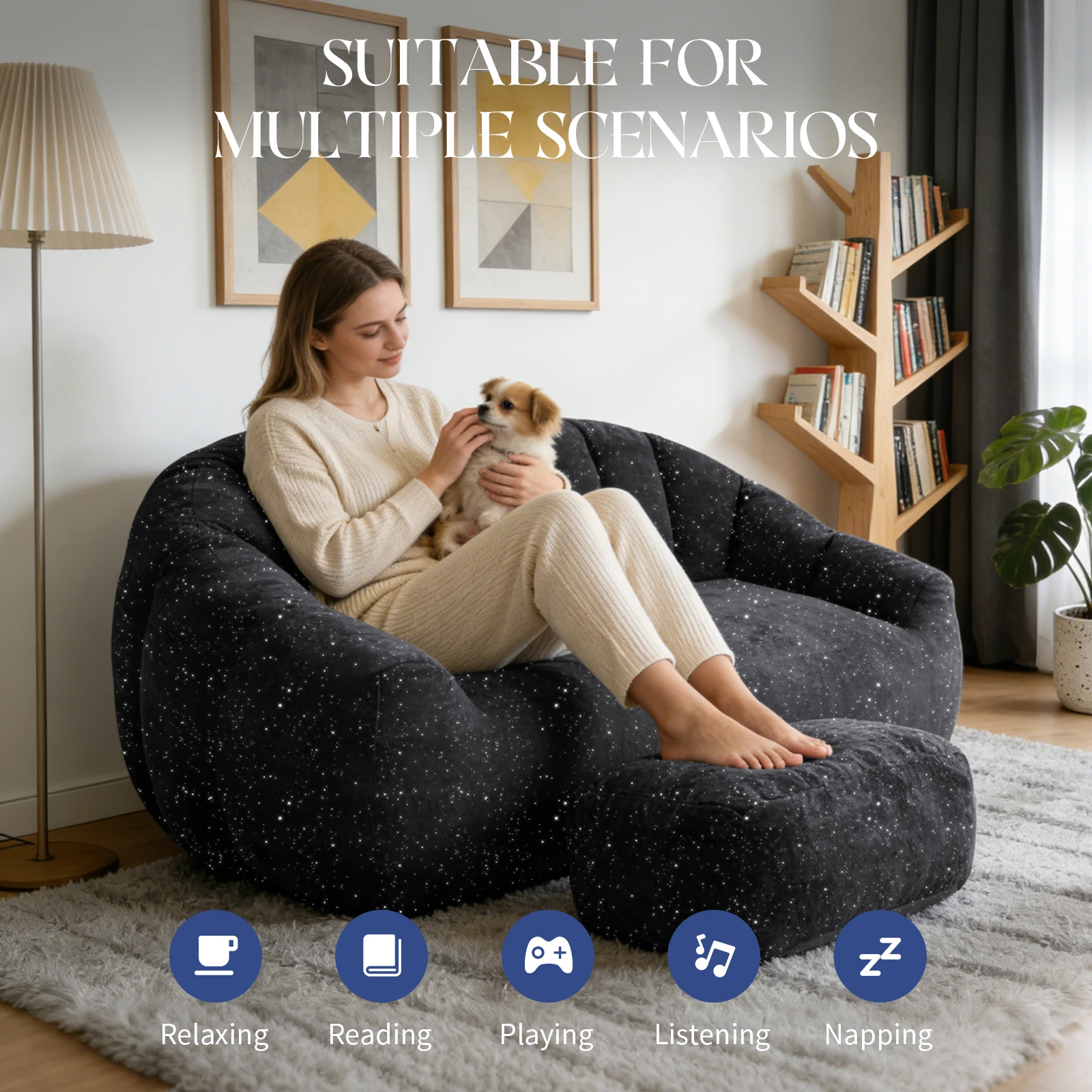 2-Seater Sparkling Chenille Bean Bag Chair w/ Ottoman, Vacuum Compressed, Pet Friendly Base No Assembly Living Room Bedroom