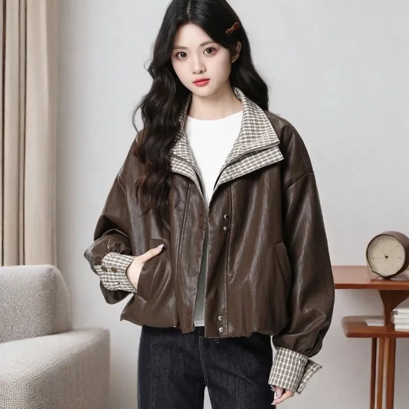 冬用女性用ラペルフェイクレザーアウター秋用レディース長袖レザージャケット韓国風女性用パッチワークルーズPUレザーコート